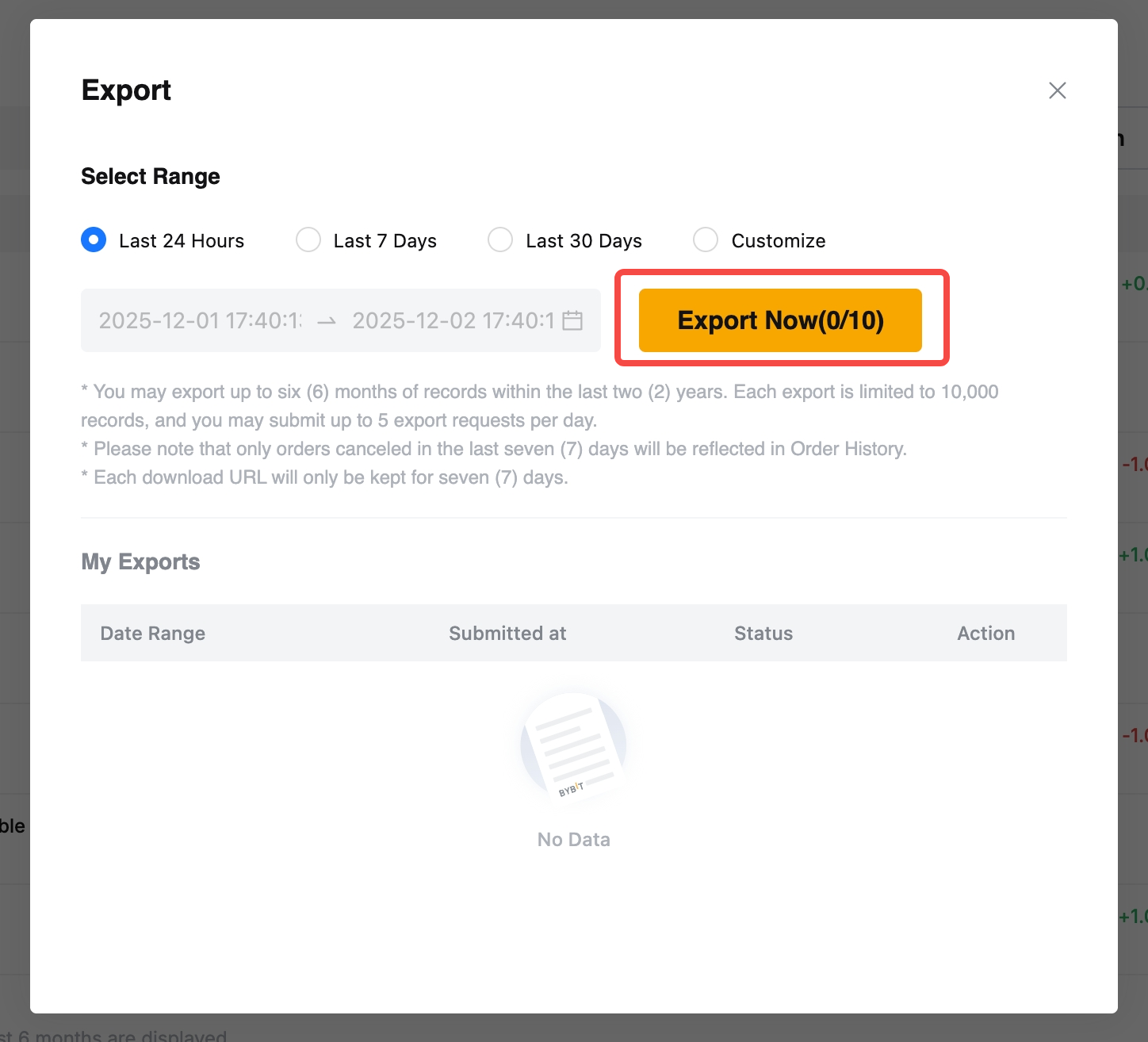 Bybit: select the date range and Export Now