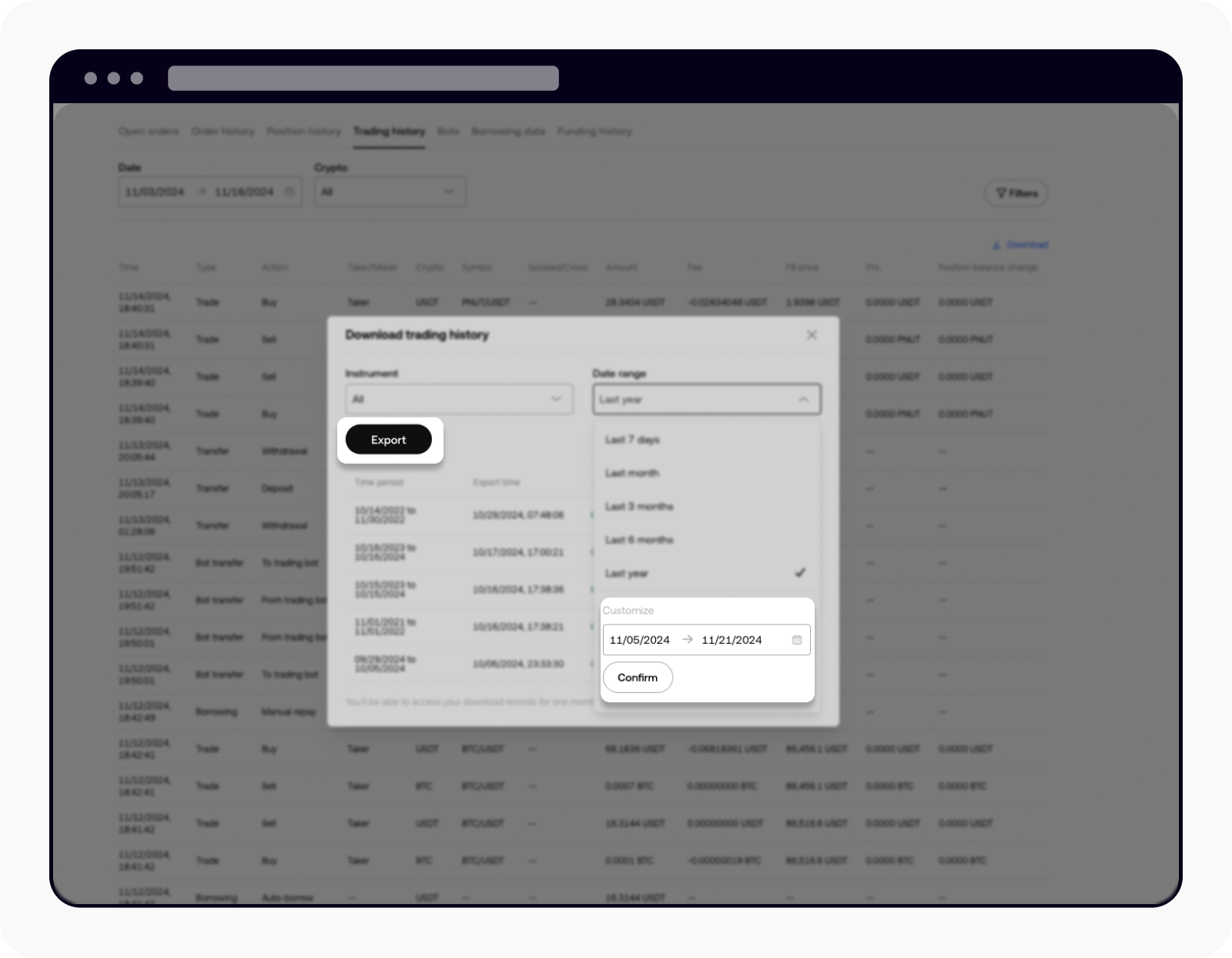 OKX: choose the date range and select Export