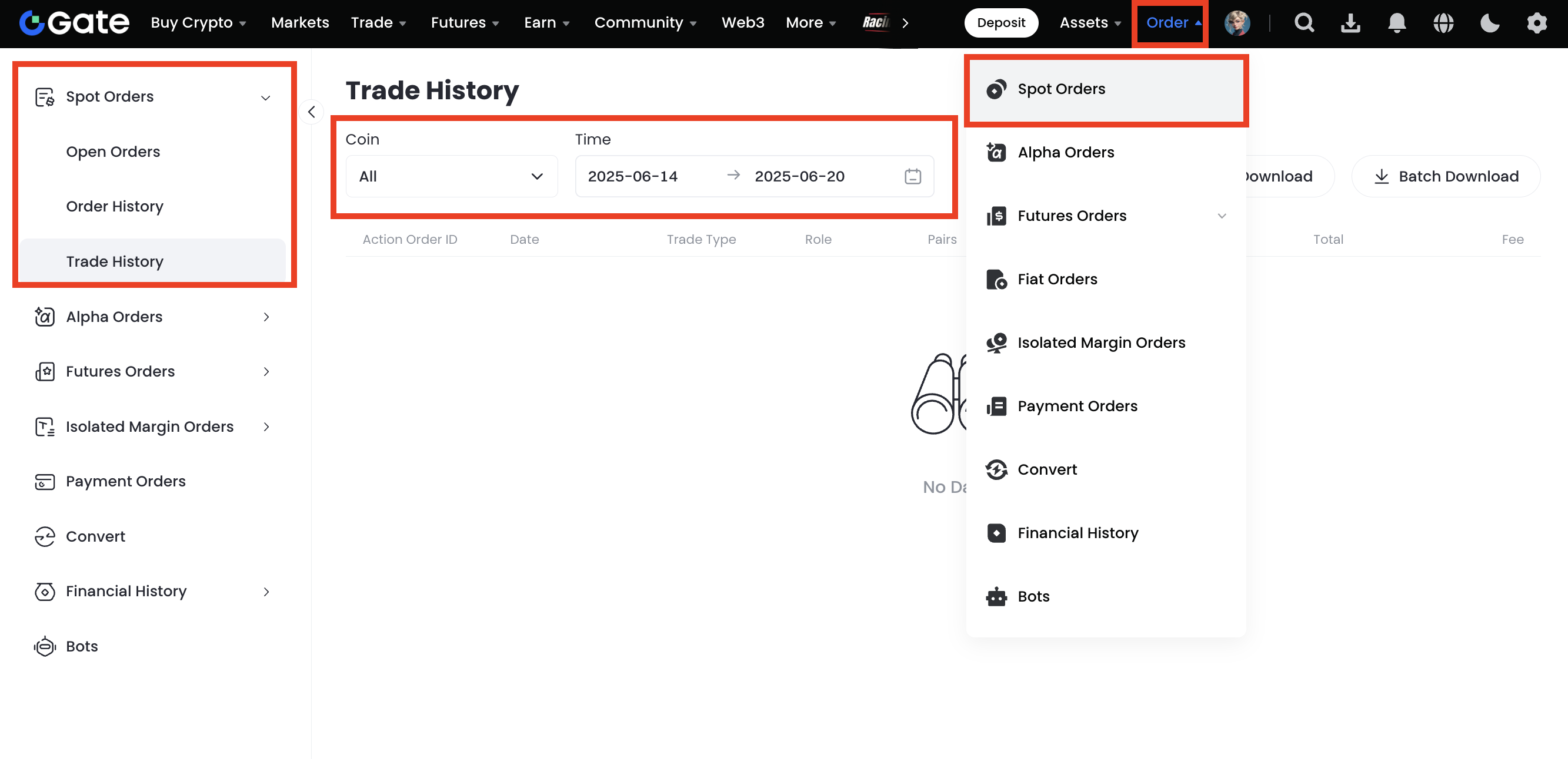 Gate: Trade History under Spot Orders, with the download button